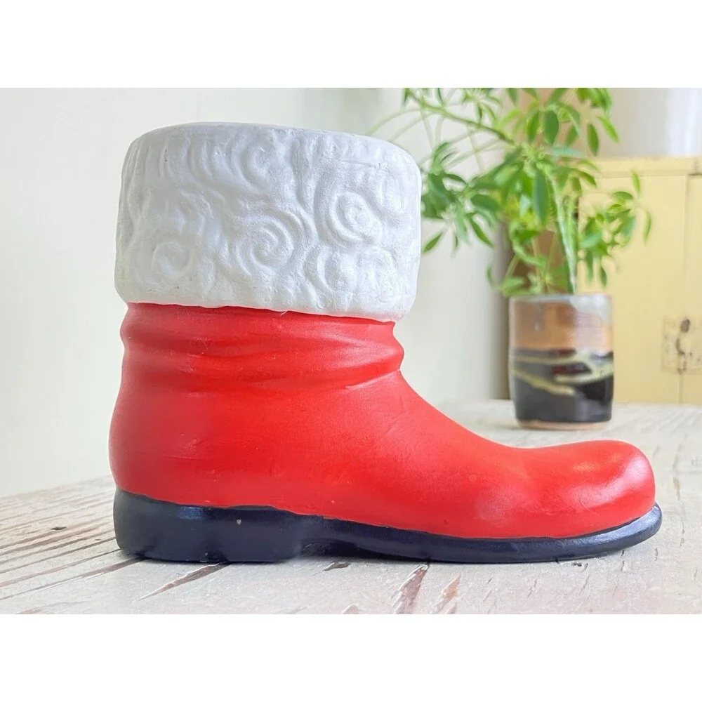 Vintage Hand Painted Ceramic Christmas Santa Boot Candy Cane Holder / Planter